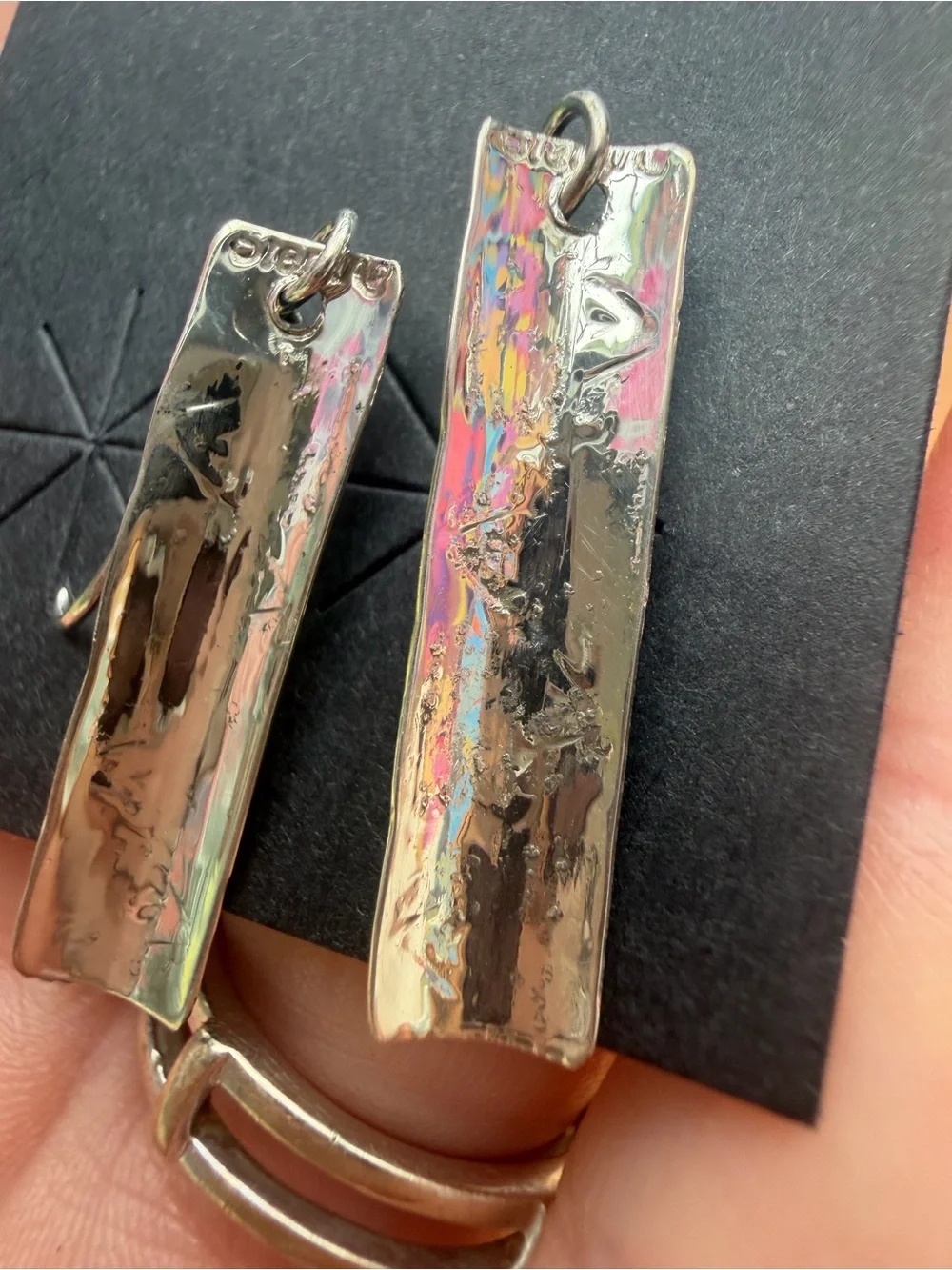 Navajo Handmafe 925 Sterling Silver Textured Bar Drop Earrings - Silver